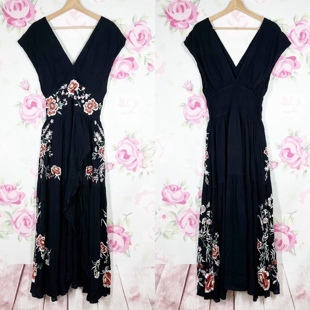 NEW Free People Abbey Wrap Floral Embroidered Bohemian Black Dress S
